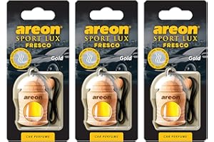 Areon Fresco Sport Lux Gold Ambientador Aire Coche Colgando Espejo Retrovisor Botella de Vidrio Madera Gadget 3D Decoración Interior Casa Oficina Olores Paquete Múltiple (Oro Conjunto de 3)
