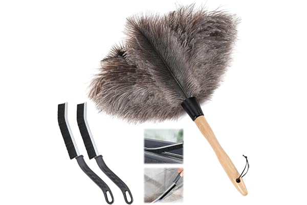 Soarer Fjäderdammvippa i strutsfjädrar – 35,6 cm med återanvändbar fluffig handtag, 2 rengöringsborstar för rengöringsartiklar, takfläkt, hantverk, persienner, möbler