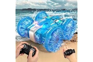 Arulis Amphibious Remote Control Cars, Waterproof Stunt Car with Gesture Sensing, 2.4GHz RC Boat with LED Light, Car Toys Gifts for 3-12 Year Old Boys Girls, Outdoor Beach Pool Water Toy for Kids