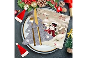 WENTSENT 12Stück Besteckhalter Weihnachten Filz Tannenbaum Grau + 20Stück Weihnachten Servietten Schneemann Pärchen, Tischdeko Weihnachten, Weihnachtsbaum Bestecktaschen für Weihnachtstischdekoration Party