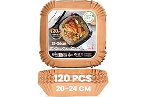 KitchenBoss Papier Cuisson Air Fryer: 120 Pièces Papier Sulfurisé pour Air Fryer Carré 20-24cm, Antiadhésive Disposable Airfryer Accessoires 5-8L Friteuse Sans Huile pour Poêle, Four, Micro-ondes