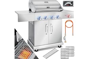KESSER® Barbecue a gas Master BBQ con termometro a infrarossi e grill da 800°C, illuminazione a LED, ceramica 4+1 fornelli in acciaio inossidabile Barbecue XXL con carrello