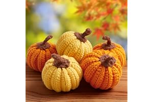 AWARDSEN Pumpkin 5 Pcs Crochet Artificial Pumpkins Autumn Decoration Orange Yellow Pumpkin Ornament Cute Thanksgiving Halloween Pumpkins Decorations for Home (2 Color)