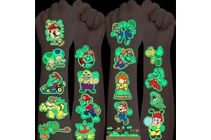 DEEN Luminous Super Mario Tattoos for Kids 12 Sheets,Cute Mario Temporary Childrens Tattoos Stickers,Glow Transfer Tattoos for Children Party Bag Fillers Birthday Gift Favour Supplies