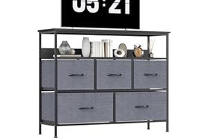 KU Syang 5-Drawer Chest of Drawers with TV Stand | Heavy-Duty Steel Frame & Scratch-Resistant MDF Top | Multi-Functional Storage Unit with Fabric Drawers for Bedroom & Living Room Hallway Black