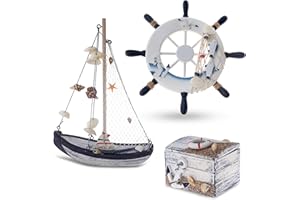 ‎FLANACOM Flanacom Maritime Badezimmer Deko 3er Set - Steuer-Rad, Segel-Schiff und Schatz-Truhe aus Holz - liebevoll gestaltete Badaccessoires mit Details (Design 2-2)