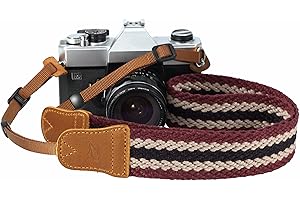 Padwa Lifestyle Stripes Camera Strap - 1.5" Crazy Horse Cowhide Head Soft Cotton Rope Weave Camera Straps for Photographers and All Cameras,Cute Adjustable Vintage Woven Strap for Adults & Kids