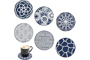 COYTEAR Drink Coasters Set of 6, Blue Non-slip Silicone Rubber Round Cup Pad 9.8cm Creative Line Patterns Texture Decorative Cup Coasters for Homes Bars Hot Cold Drinks Coffee Tea Beer Mug Wine Glass Bottle