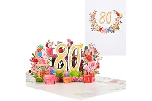 ANEWISH Kartka pop-up 80. urodziny, kwiaty 3D, 80 lat, kartka urodzinowa dla matek, babć i kobiet, romantyczna kartka rocznicowa