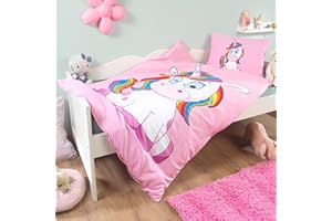 ‎KUSCHELI Kuschelige Einhorn Baby Kinder Bettwäsche 100x135 Set Mädchen Kinderbettwäsche Unicorn Pferde Pony Kissenbezug 40x60 rosa pink, Modell:Design 1