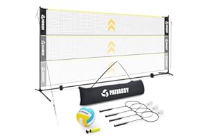 Patiassy Filet de volleyball et badminton portable de 5,2 m – Filet de sport réglable en hauteur avec poteaux, 4 raquettes de badminton, 3 volants et 1 ballon de volleyball pour jardin, plage, jardin