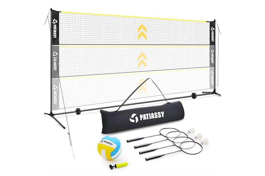Patiassy 17ft Portable Volleyball Badminton Net Set - Indoor Outdoor Adjustable Height Sports Net with Poles, 4 Badminton Rackets, 3 Shuttlecocks and 1 Volleyball for Backyards Beach Garden