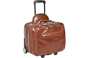 HOUSE OF LEATHER Real Leather Pilot Case Travel Laptop Bag on Wheels Telescopic Handle HOL15 (Chestnut)