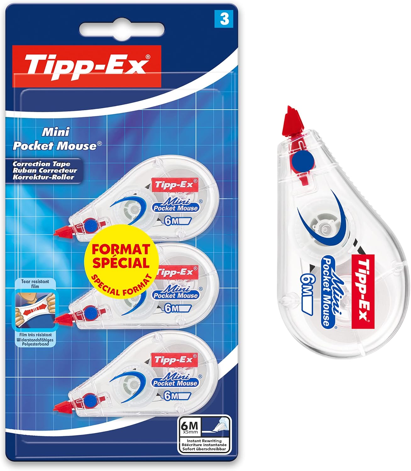 BIC Tipp-Ex Mini Pocket Mouse Rubans Correcteurs 6m x 5 mm, Parfait pour l'Ecole et au Bureau, Blister Format Spécial de 3