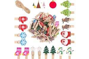 SVALOR 50 Stück Mini Weihnachten Holzklammern, 3.5cm holzklammern Klein, Weihnachten Wäscheklammern, Dekoklammern mit 2m Hanfseil, für Fotos Weihnachten Deko Postkarten