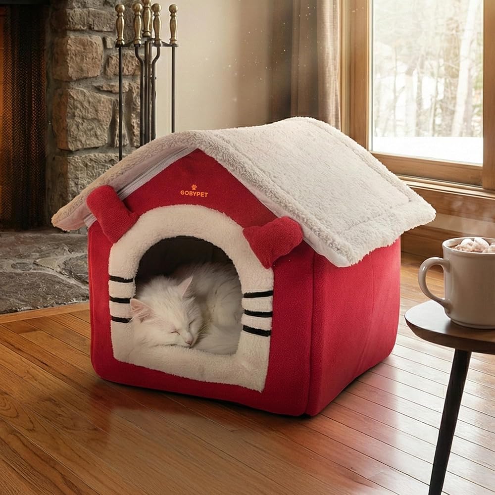 GOBYPET Klasik Çatılı Katlanabilir Kedi Evi ve Küçük Irk Köpek Yatağı – Fermuarlı Çıkarılabilir Üst Bölüm, Minderli Peluş İç Mekan Kedi Yuvası, Taşınabilir Kulübe