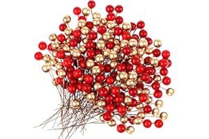 Weysoo 100Pcs Christmas Holly Berries, Artificial Gold Berries and Red Fake Berry for Christmas Tree Ornaments,Wreath Making Supplies,Xmas Party Decorations (RED+GOLD)