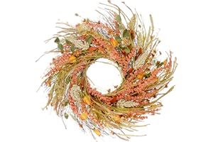 HooAMI Artificial Fall Wreath, 25 inch Front Door Wreath, Christmas Wreath with Pumpkin Maple Leaves and Red Berry Ideal for Autumn & Halloween & Thanksgiving Day, Indoor Outdoor Decor