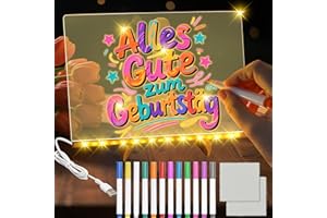 TZEKING Pizarra de Mensajes con LED luminosa,Pizarra de Escritura de Acrílico con 12 Bolígrafos de neón,Tablero acrílico mensaje con Soporte Ajustable,Tablero de Dibujo LED,Regalo creativo para Niños