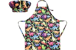 Xinstroe Kids Apron and Chef Hat Dinosaur Apron with Pocket Adjustable Chef Apron Set for Boy Girl Painting Cooking Baking Kitchen