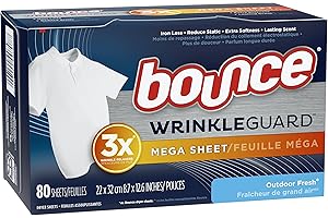 Fogli per asciugatrice Bounce WrinkleGuard Mega, ammorbidente per tessuti e fogli antirughe, profumo fresco per esterni, 80 pezzi