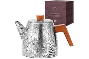 YC Yang Chai Théière avec Filtre Inox (1,1 L) – Théière Isotherme double paroi en acier inoxydable 304 – Moderne avec Infuseur à Thé Amovible – Poignées en Bois de Chêne