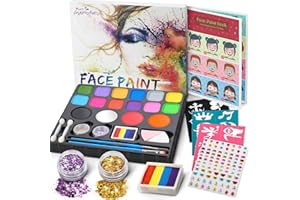 Jojoin Palette de Maquillage Enfants, 16 Couleurs Peinture de Visage, avec 1 Rainbow Cake + 94 Autocollant De Strass + Livret Tutoriel de Conception, Maquillage Fête De Noël Halloween Carnaval