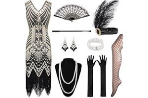 XCMVCN 12 Stück 1920er Charleston Kleid Jahre V-Ausschnitt Pailletten Perlen Fransen Kleid mit 20er Jahre Accessoires für Faschingskostüm (Schwarz+Gold,L)