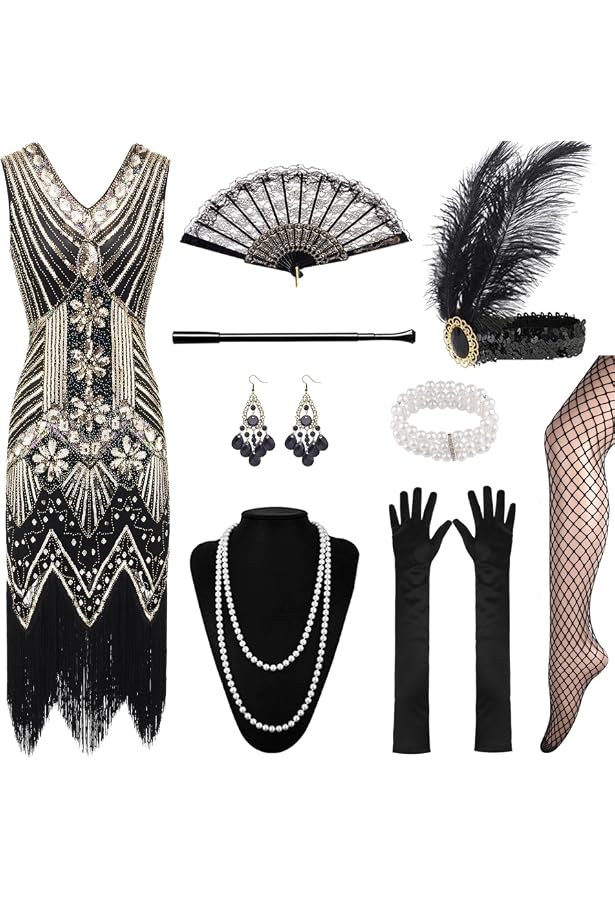 Gammify Jaren 20 Avondjurk Met Pailletten, Franjes En Complete Accessoireset - Great Gatsby Stijl