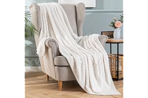 MIULEE Cuddly Fleece Blanket, Flannel Blanket with Pompoms, Plain Blankets, Couch Blanket, Fluffy Throw, Microfibre Bedspread, Sofa Blanket for Bed, Sofa, Bedroom, Office, 125 x 150 cm, White