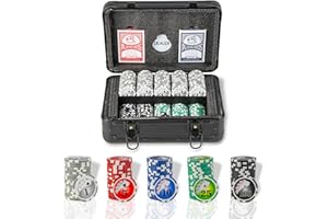 DREAMADE Jeu de Poker, Jetons Casino avec 2 Jeux de Cartes, Jeton de Croupier, Tapis de Table Feutré, Etui en Aluminium et 2 Clés, pour Le Jeu de Blackjack, Texas Hold’em (300 Jetons)