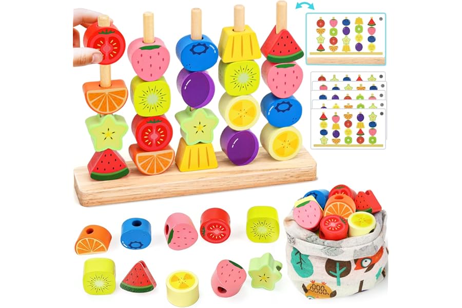 Montessori Wooden Toddler Toys Gifts: Toys for 2 3 4 Year Old Boys Girls - Sorting Stacking Blocks Fine Motor Skills Educational Set - Toddlers Beads Sequence Games for 2-5 Year Old Girl Learning Toy
