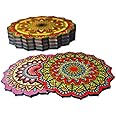 Ambiyaa Pine Set Of 6 Mandala 4 Inch Coasters | Unique Handmade Designs | Flower Shaped | 10 Cm Diameter
