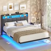 AOGLLATI Double Bed 140 x 190 cm with Levitating Visual Effect, Bed Frame with LED and Charging Station, Bed Frame with Padde