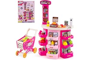 COSTWAY Kids Supermarket Playset, 76 PCS Pretend Play Grocery Store with Shopping Cart, Light, Sound, Play Food Accessories, Toddler Play Shop for 3+ Years Old (Pink)