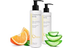 OÏLÉNA Leche Facial Desmaquillante con Vitamina E y Aloe Vera 3en1 Limpiador de Poros Antimanchas Leche Hidratante Waterproof Contorno de Ojos Corrector Ojeras Elimina el maquillaje y las manchas 2 x 200 ml