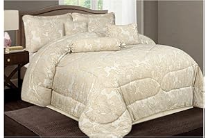 Opulent Living 7-Piece Jacquard Floral Comforter Bedding Set – Includes Bedspread, Valance Sheet, Pillow Shams, Cushion Cover, Decorative Pillow & Neck Pillow (Cream, King, Petal)