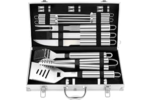 KEPEAK 18 Piezas Herramientas de Barbacoa, Kit de Accesorios BBQ de Acero Inoxidable, Herramienta de Barbacoa Completa con Estuche de Aluminio para Acampar en el Patio Trasero