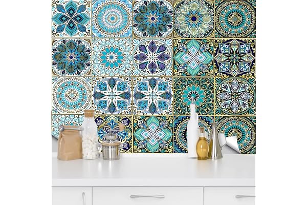 QUCUMER 20 Pièces Stickers de Carreaux 15 × 15cm Autocollant Carrelage Cuisine Étanche Stickers Muraux Carrelage Autocollant Mural Cuisine de Style Marocain pour Déco Maison Salle de Bain, Bleu