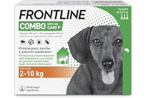 FRONTLINE Combo, 3 Pipette, Cane Taglia S (2 - 10 Kg), Antiparassitario per Cani e Cuccioli di Lunga Durata, Protegge il Cane e Anche la Casa da Pulci, Zecche, Uova e Larve, Antipulci 3 Pipette