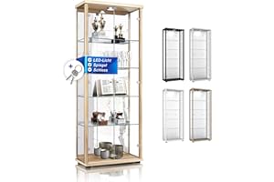 ‎K-MÖBEL K-Möbel Glas Vitrinenschrank 2-türig (176x67x33cm) - Made in Germany - Standvitrine Buche mit 4 höhenverstellbaren Glasböden, Spiegel, Schloss & LED - Glasvitrine Stehend - Sammler