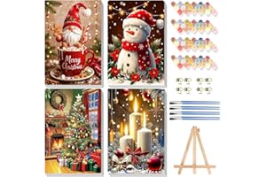 Bowetile 4Pcs Dipingere per Numeri Gnomo con Cornice per Adulti e Bambini, Kit Pittura Natalizia con Tela Cavalletto Legno, Dipinto Acrilico Numerato per Decorazione Casa 20x30cm