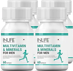 INLIFE Multivitamins & Minerals Amino Acids Antioxidants with Ginseng Extract for Men Daily Formula Vitamins Supplement - 60 Capsules (4 Pack)