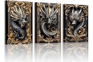 WENGTIAO Set of 3 Black Gold Carved Dragon Canvas Wall Art Prints Framed Picture 3D Animal Gragon Painting on Canvas Living Room Bedroom Home Wall Decor Ready to Hang 30x40cmx3