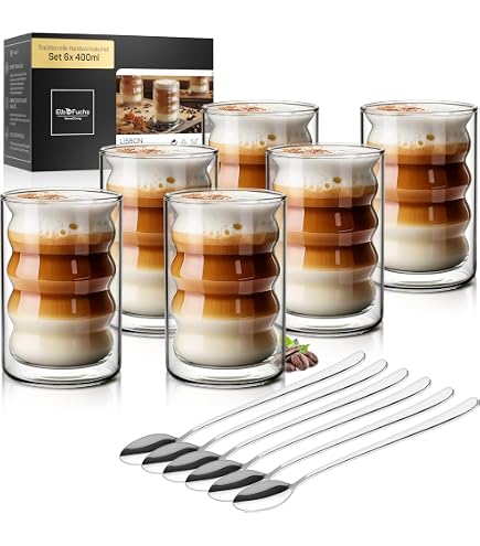 Jayour Doppelwandige Glas-Kaffeetassen – Geriffelt, 425 Ml, 4er-Set, Für Latte & Cappuccino