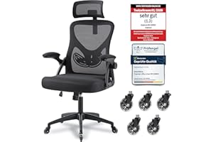 Ergoreal Ergonomischer Mesh‑Bürostuhl für Home Office, mit Verstellbarer Lendenstütze & 2D‑Kopfstütze, klappbare Armlehnen, leise PU‑Rollen, stabile Gasfeder Klasse 3, bis 140 kg(Tiefe Schwarz)