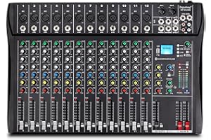 Depusheng DT12 Console de mixage audio de studio 12 canaux avec interface de contrôleur de son DJ et clé USB pour enregistrement sur ordinateur, alimentation 48 V, pour professionnels et débutants