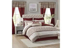 Madison Park All Season Down Alternative Bedding, Matching Bedskirt, Curtains, Decorative Pillows, Polyester, Red 24pcs, California-King