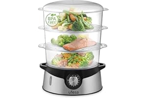 Ufesa CV4000 Cuiseur Vapeur 800W, 3 Plateaux Empilables, Capacité 9L, Minuterie de 60min, Inclus Bol de Riz de 1L, Sans BPA, Inox