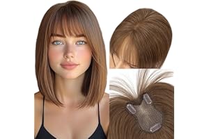 MY-LADY Topper Cabello Humano Mujer, Flequillo Postizo Pelo Natural con Aire, Hair Topper para Cabello Fino Uso Diario(Marrón Chocolate, 21g)